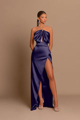 Chic Pink Sleeveless Evening Dress with Strapless Design and Side Slit Pleats
