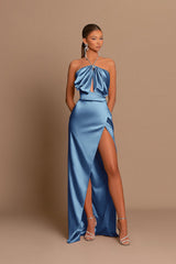 Chic Pink Sleeveless Evening Dress with Strapless Design and Side Slit Pleats