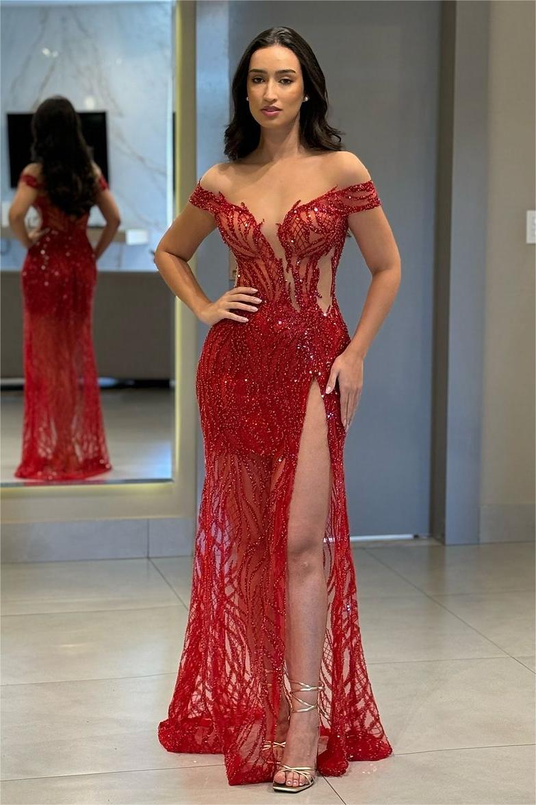 Chic Off the Shoulder Long Prom Dress with High Split and Bead Embroidery