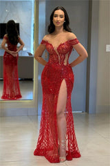 Chic Off the Shoulder Long Prom Dress with High Split and Bead Embroidery