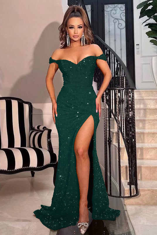 Chic Off the Shoulder Sweetheart Mermaid Prom Dress with Split and Sequins