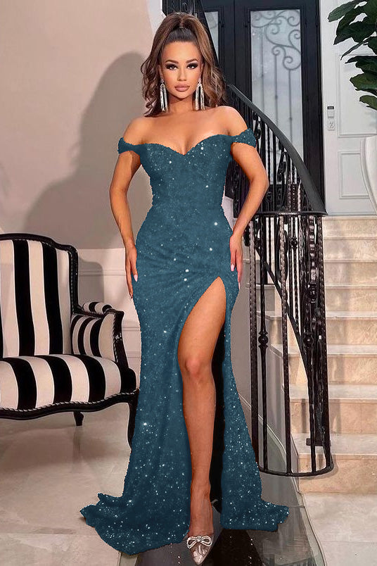 Chic Off the Shoulder Sweetheart Mermaid Prom Dress with Split and Sequins