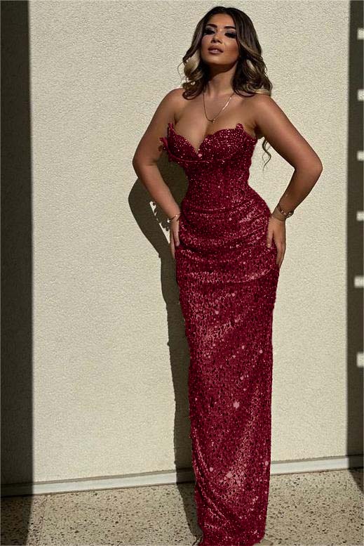 Chic Strapless High Waist Long Prom Dress with Sequins Beading