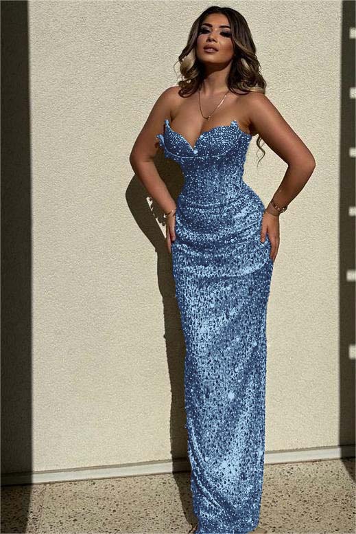 Chic Strapless High Waist Long Prom Dress with Sequins Beading