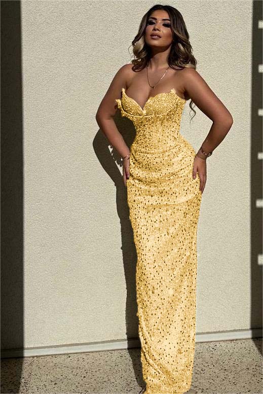 Chic Strapless High Waist Long Prom Dress with Sequins Beading