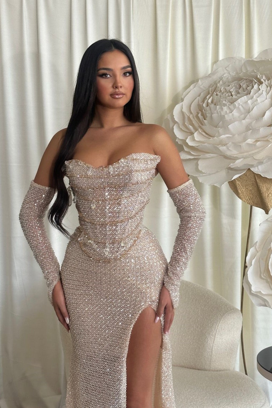 Chic Strapless Long Prom Dress with Sequins, Split and Outer Sleeves