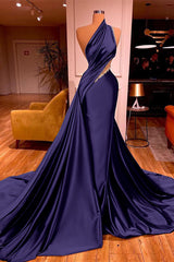 Chic One Shoulder Mermaid Long Prom Dress with Beading Ruffles