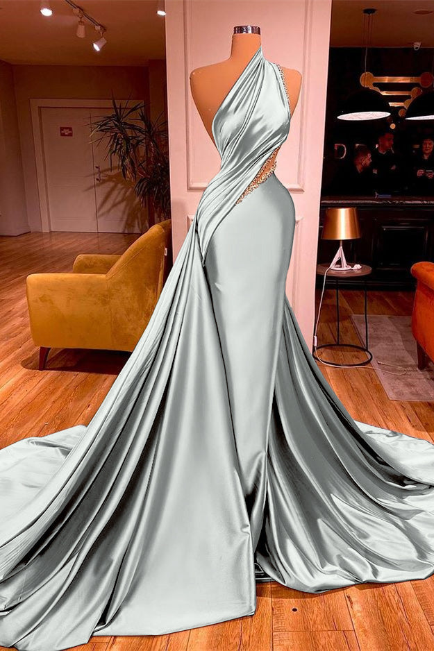 Chic One Shoulder Mermaid Long Prom Dress with Beading Ruffles