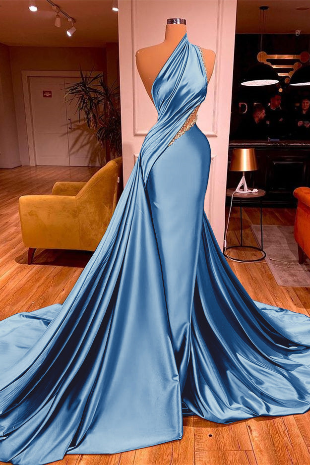 Chic One Shoulder Mermaid Long Prom Dress with Beading Ruffles
