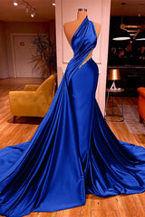 Chic One Shoulder Mermaid Long Prom Dress with Beading Ruffles