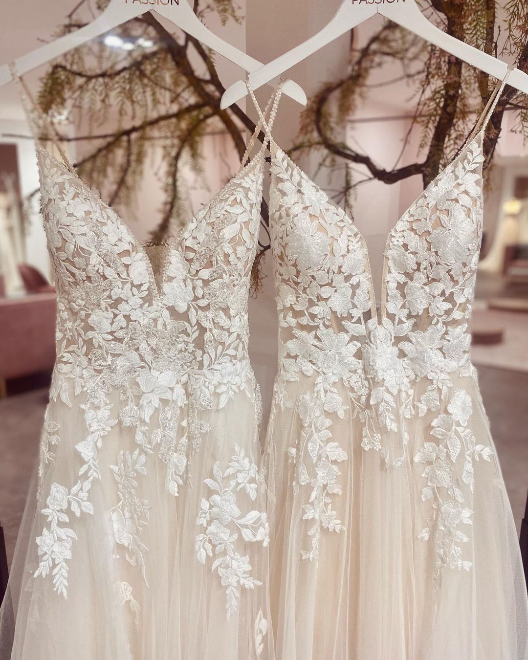 Chic Spaghetti Strap V-Neck A-Line Tulle Wedding Dress with Lace Appliques