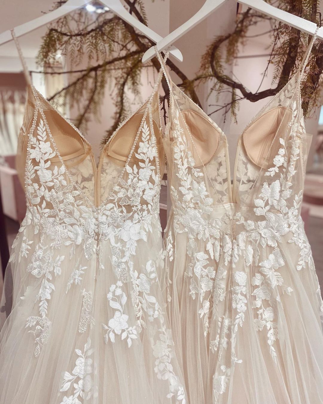 Chic Spaghetti Strap V-Neck A-Line Tulle Wedding Dress with Lace Appliques