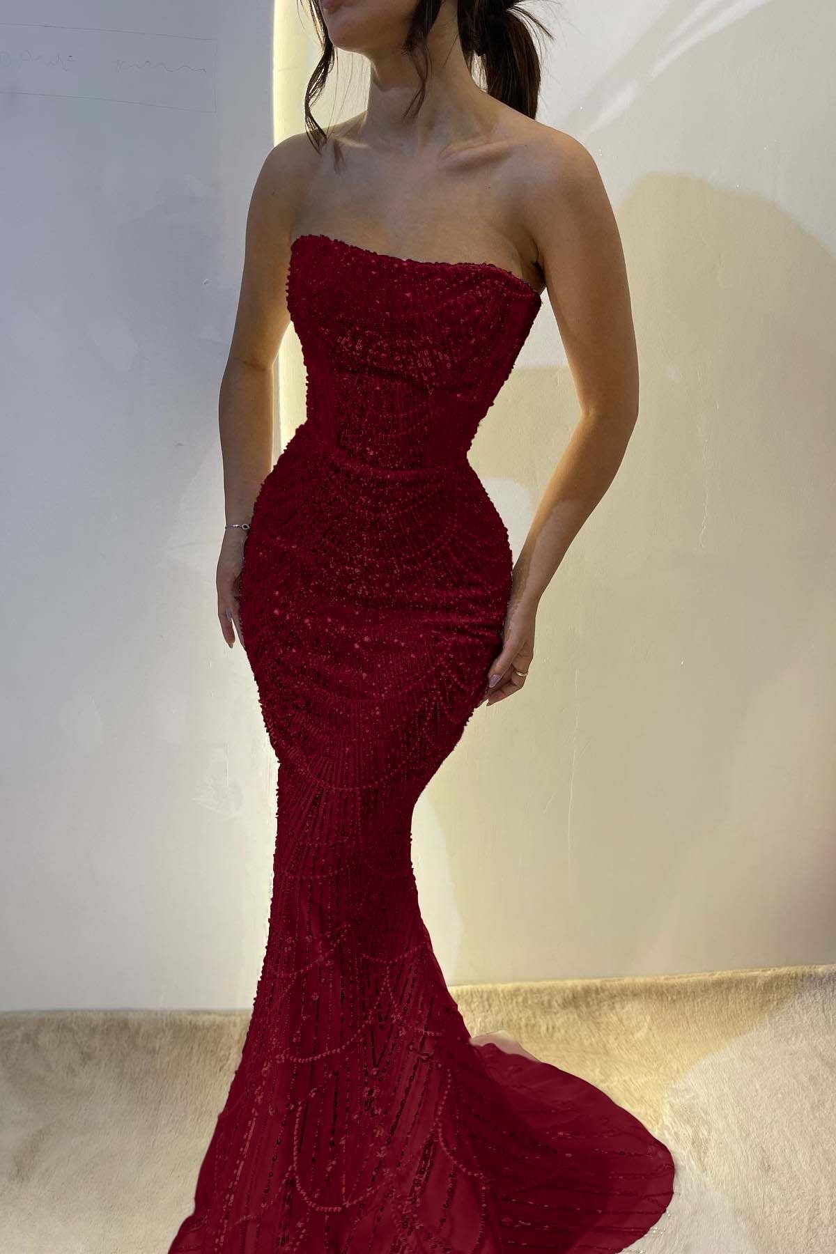 Chic Strapless Mermaid Long Prom Dress with Sequins