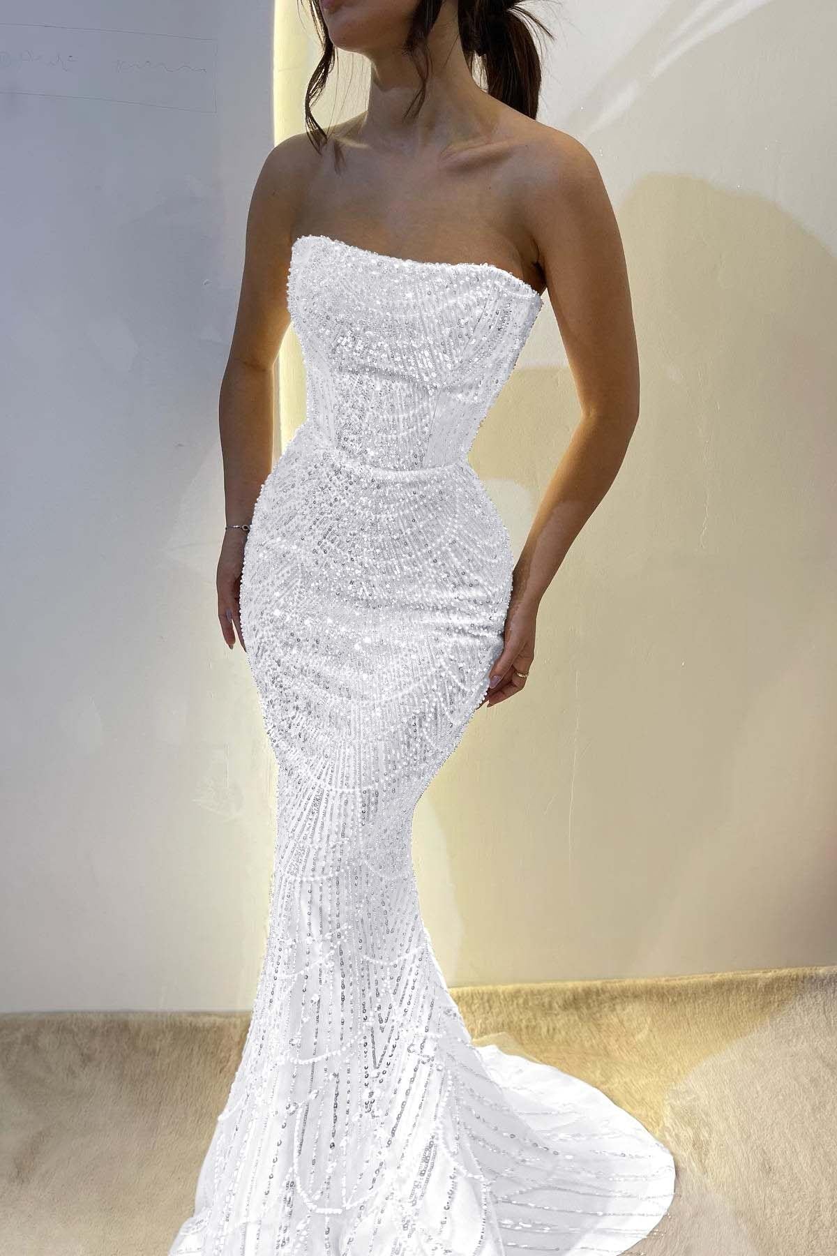 Chic Strapless Mermaid Long Prom Dress with Sequins