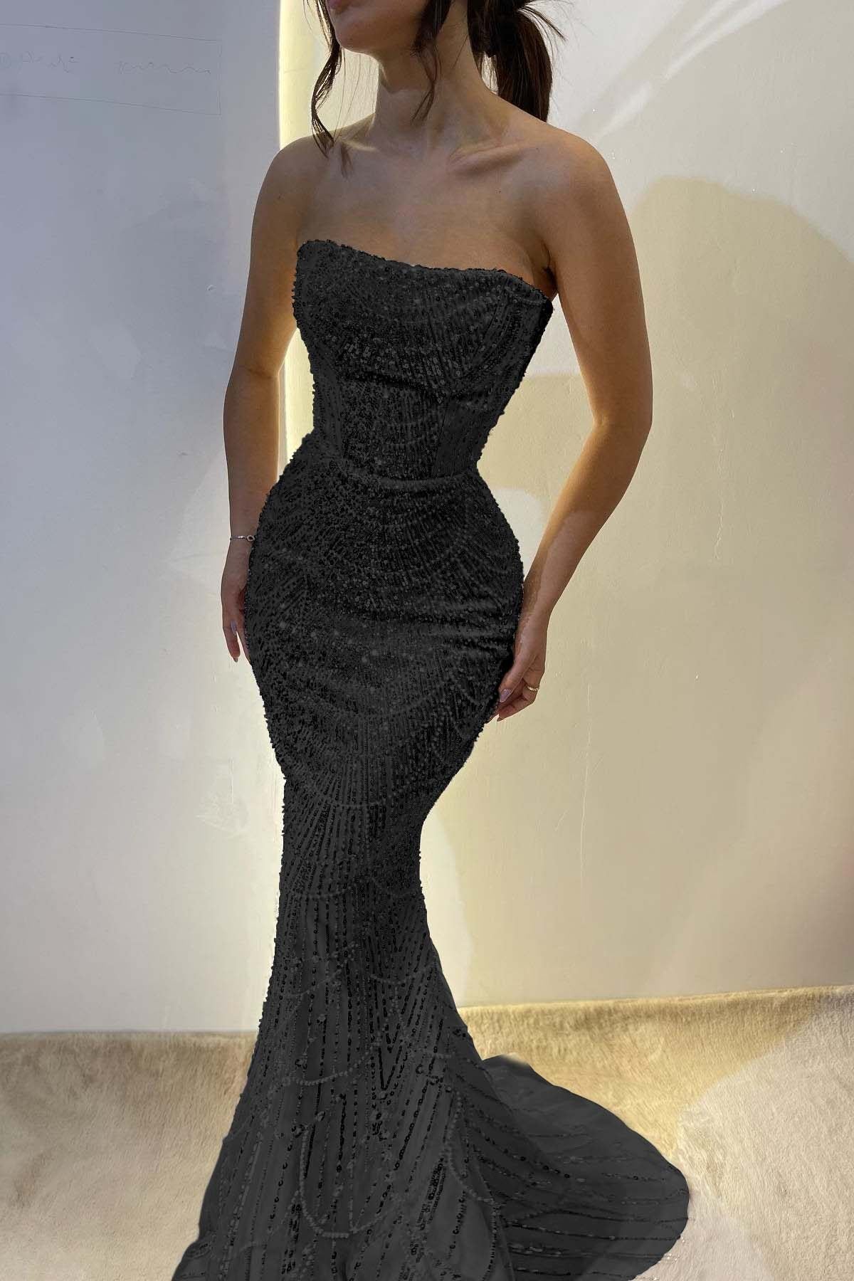 Chic Strapless Mermaid Long Prom Dress with Sequins