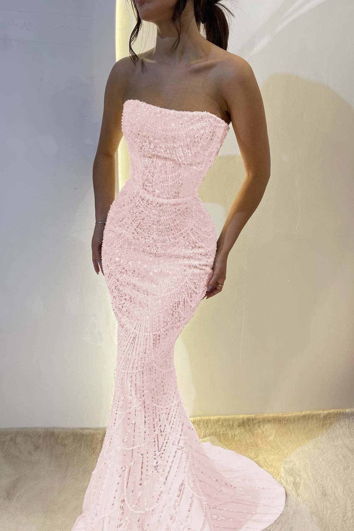 Chic Strapless Mermaid Long Prom Dress with Sequins