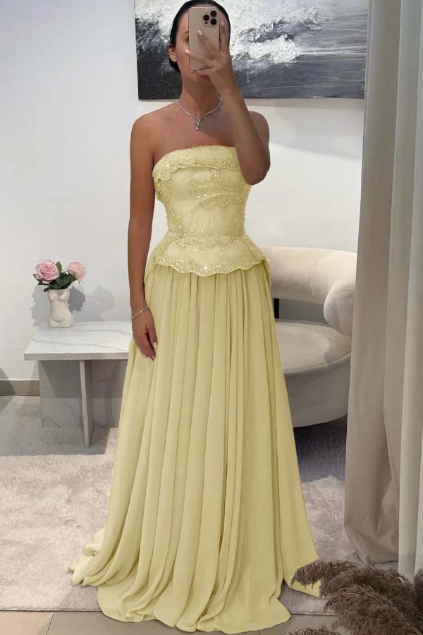 Chic Strapless Long Prom Dress with Beading Pleated