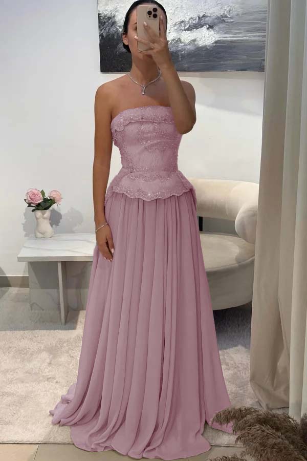 Chic Strapless Long Prom Dress with Beading Pleated