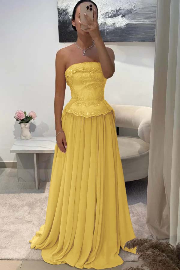 Chic Strapless Long Prom Dress with Beading Pleated
