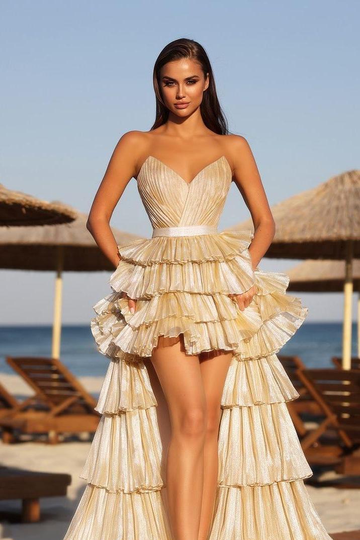 Chic Strapless V Neck Prom Dress with Ruffles and Detachable Skirt
