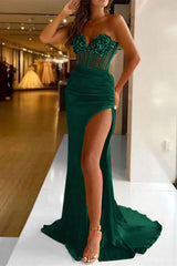 Chic Strapless Sweetheart Mermaid Pleated Prom Dress with Split and Sequins