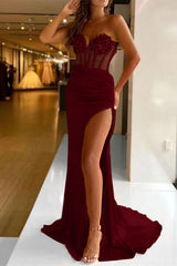 Chic Strapless Sweetheart Mermaid Pleated Prom Dress with Split and Sequins