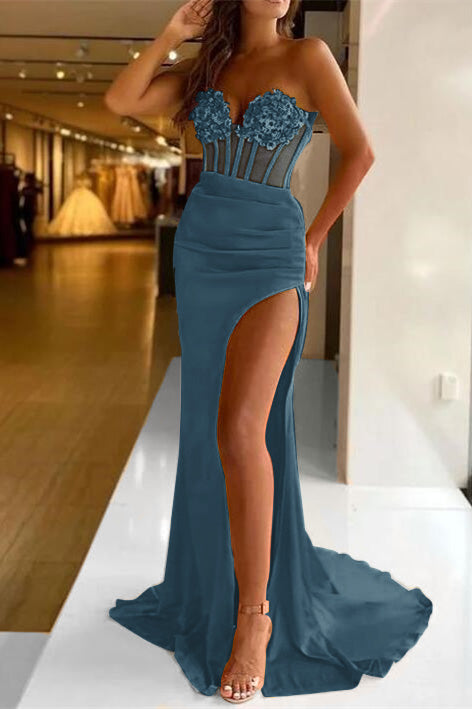 Chic Strapless Sweetheart Mermaid Pleated Prom Dress with Split and Sequins