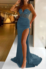 Chic Strapless Sweetheart Mermaid Pleated Prom Dress with Split and Sequins