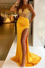 Chic Strapless Sweetheart Mermaid Pleated Prom Dress with Split and Sequins