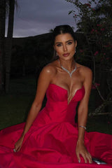 Chic Strapless V Neck Long Pleated Prom Dress