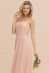 Chic Straps Sleeveless Chiffon Affordable Bridesmaid Dresses with Ruffle-Babyonlines