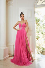 Chic Strapless Tulle Long Prom Dress with Sequins and Split