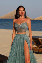 Chic Two Piece Strapless Long Prom Dress with Beading Split