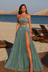 Chic Two Piece Strapless Long Prom Dress with Beading Split