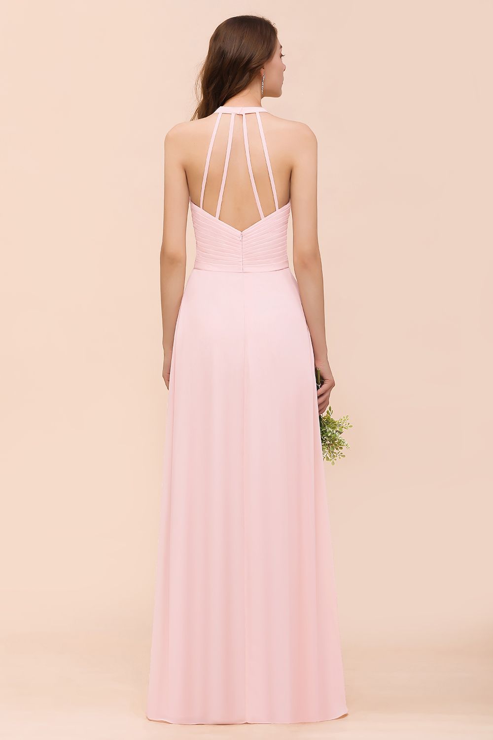 Chic V-Neck Blushing Pink Chiffon Affordable Bridesmaid Dress with Ruffle-Babyonlines