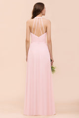 Chic V-Neck Blushing Pink Chiffon Affordable Bridesmaid Dress with Ruffle-Babyonlines