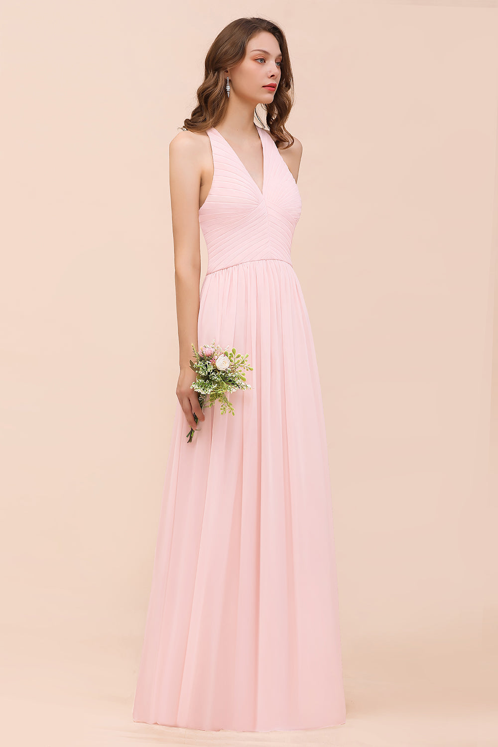 Chic V-Neck Blushing Pink Chiffon Affordable Bridesmaid Dress with Ruffle-Babyonlines