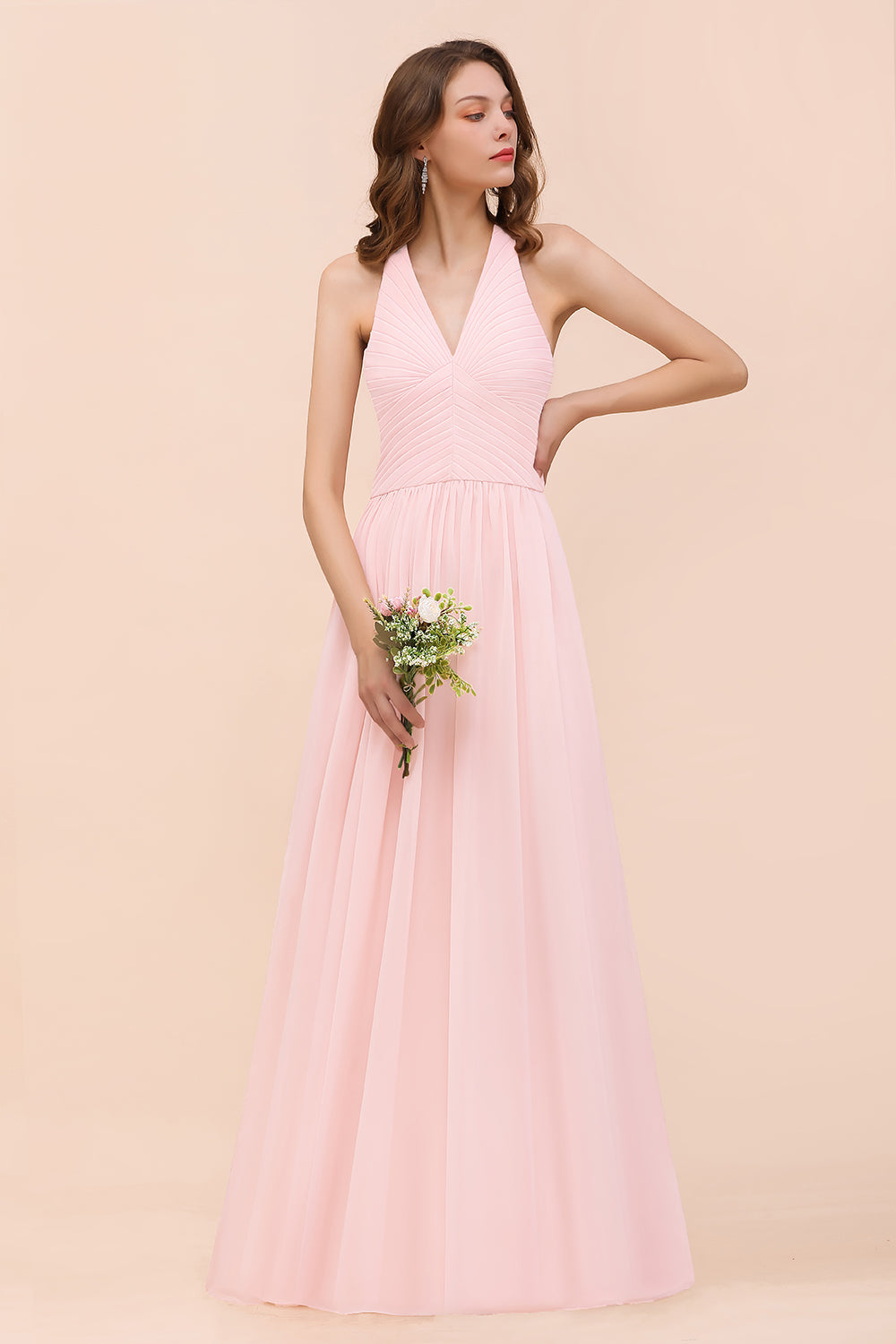 Chic V-Neck Blushing Pink Chiffon Affordable Bridesmaid Dress with Ruffle-Babyonlines