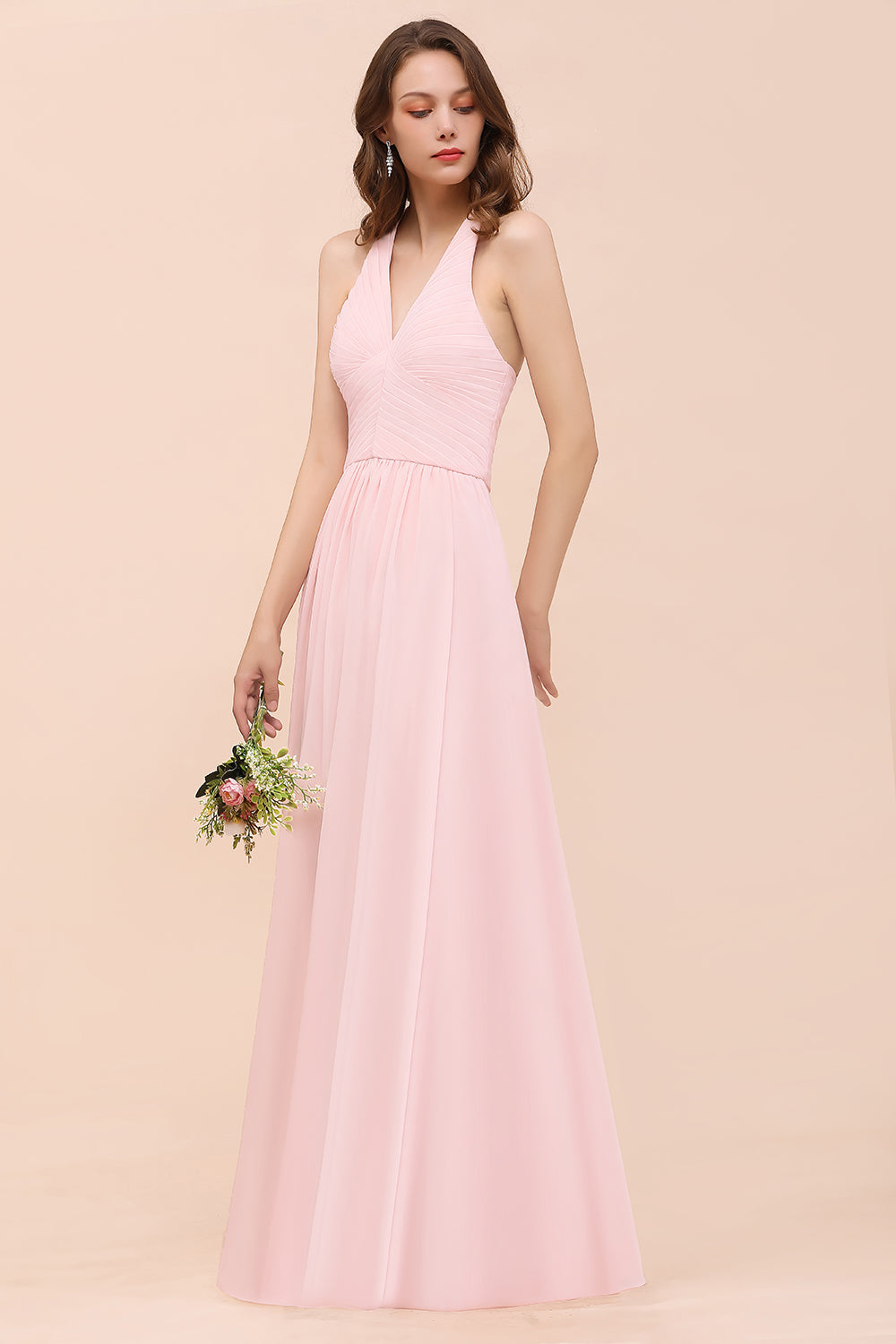 Chic V-Neck Blushing Pink Chiffon Affordable Bridesmaid Dress with Ruffle-Babyonlines