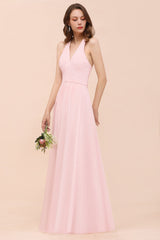 Chic V-Neck Blushing Pink Chiffon Affordable Bridesmaid Dress with Ruffle-Babyonlines