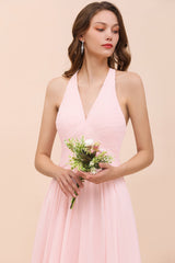 Chic V-Neck Blushing Pink Chiffon Affordable Bridesmaid Dress with Ruffle-Babyonlines
