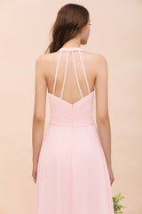 Chic V-Neck Blushing Pink Chiffon Affordable Bridesmaid Dress with Ruffle-Babyonlines