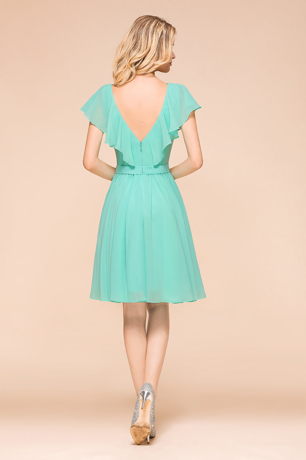 Chic V-Neck Ruffle Chiffon Short Affordable Bridesmaid Dresses Online-Babyonlines