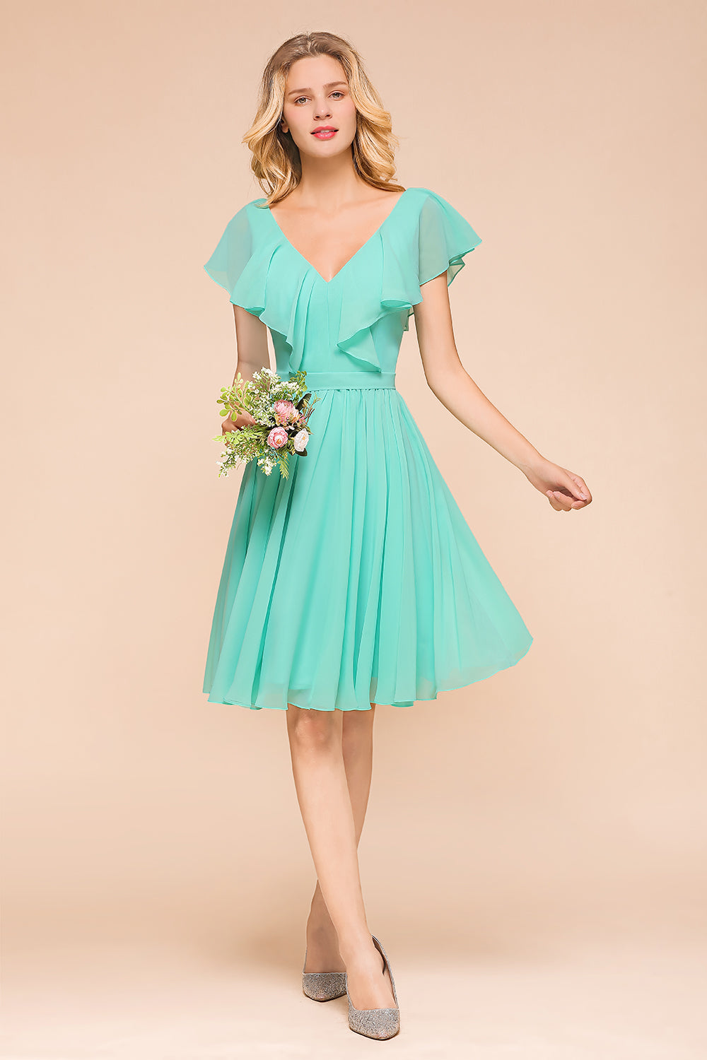 Chic V-Neck Ruffle Chiffon Short Affordable Bridesmaid Dresses Online-Babyonlines
