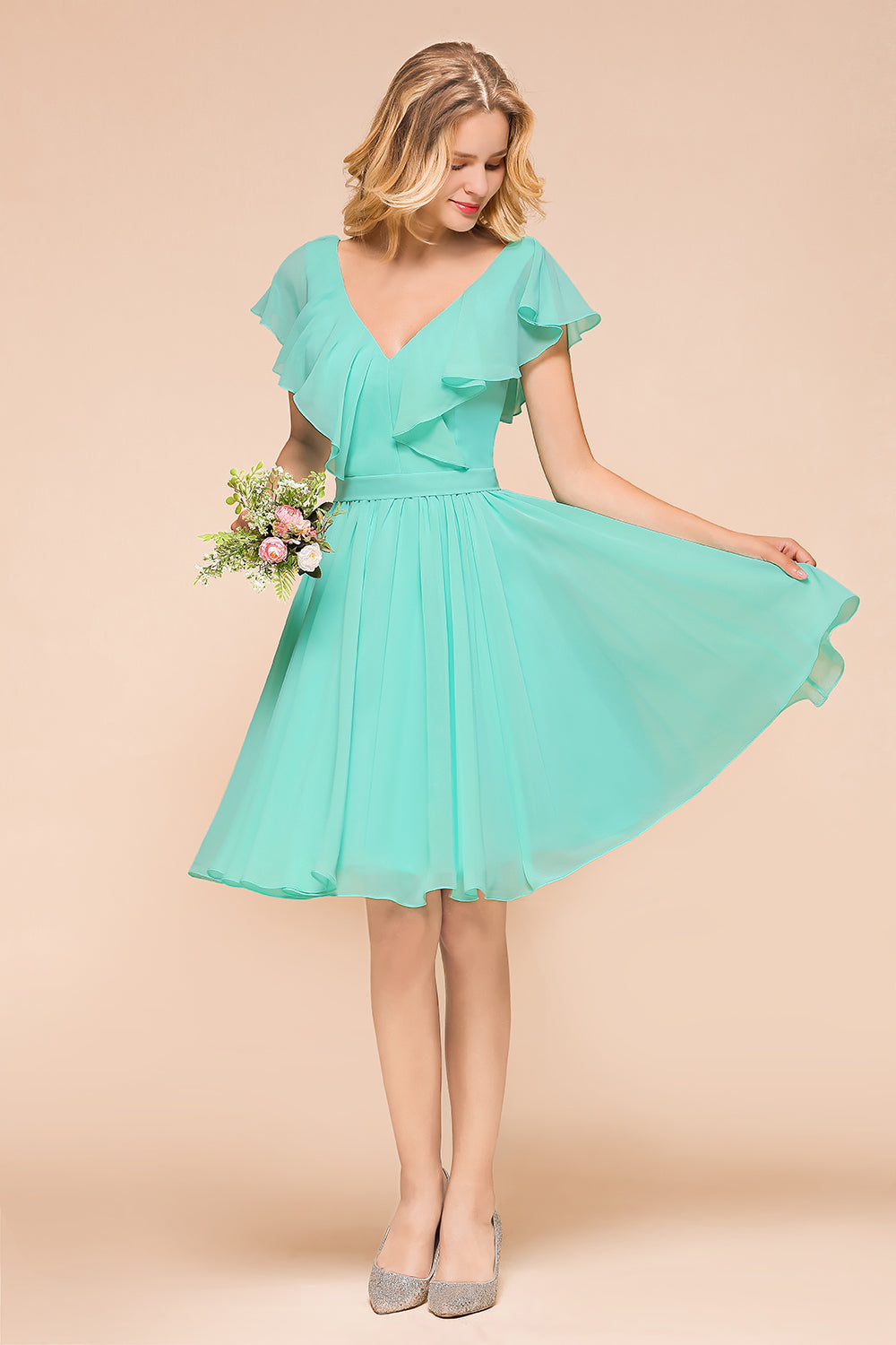 Chic V-Neck Ruffle Chiffon Short Affordable Bridesmaid Dresses Online-Babyonlines