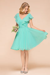 Chic V-Neck Ruffle Chiffon Short Affordable Bridesmaid Dresses Online-Babyonlines