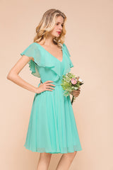 Chic V-Neck Ruffle Chiffon Short Affordable Bridesmaid Dresses Online-Babyonlines