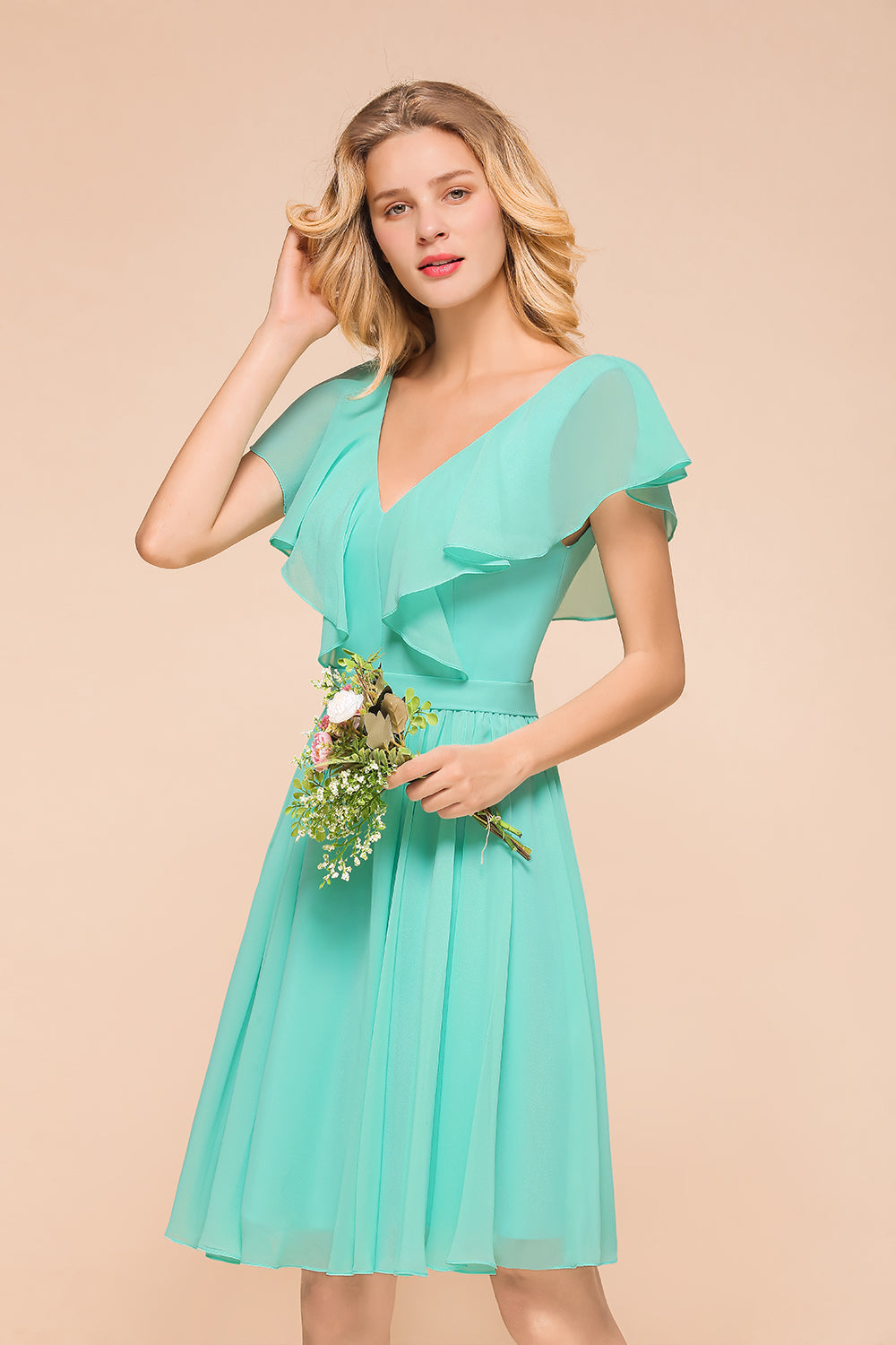 Chic V-Neck Ruffle Chiffon Short Affordable Bridesmaid Dresses Online-Babyonlines