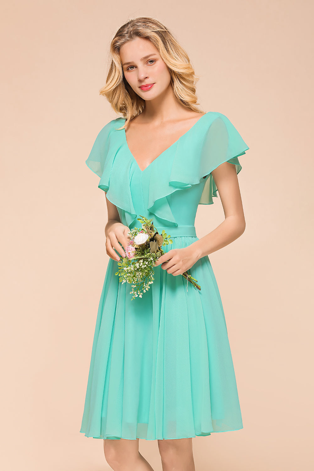 Chic V-Neck Ruffle Chiffon Short Affordable Bridesmaid Dresses Online-Babyonlines