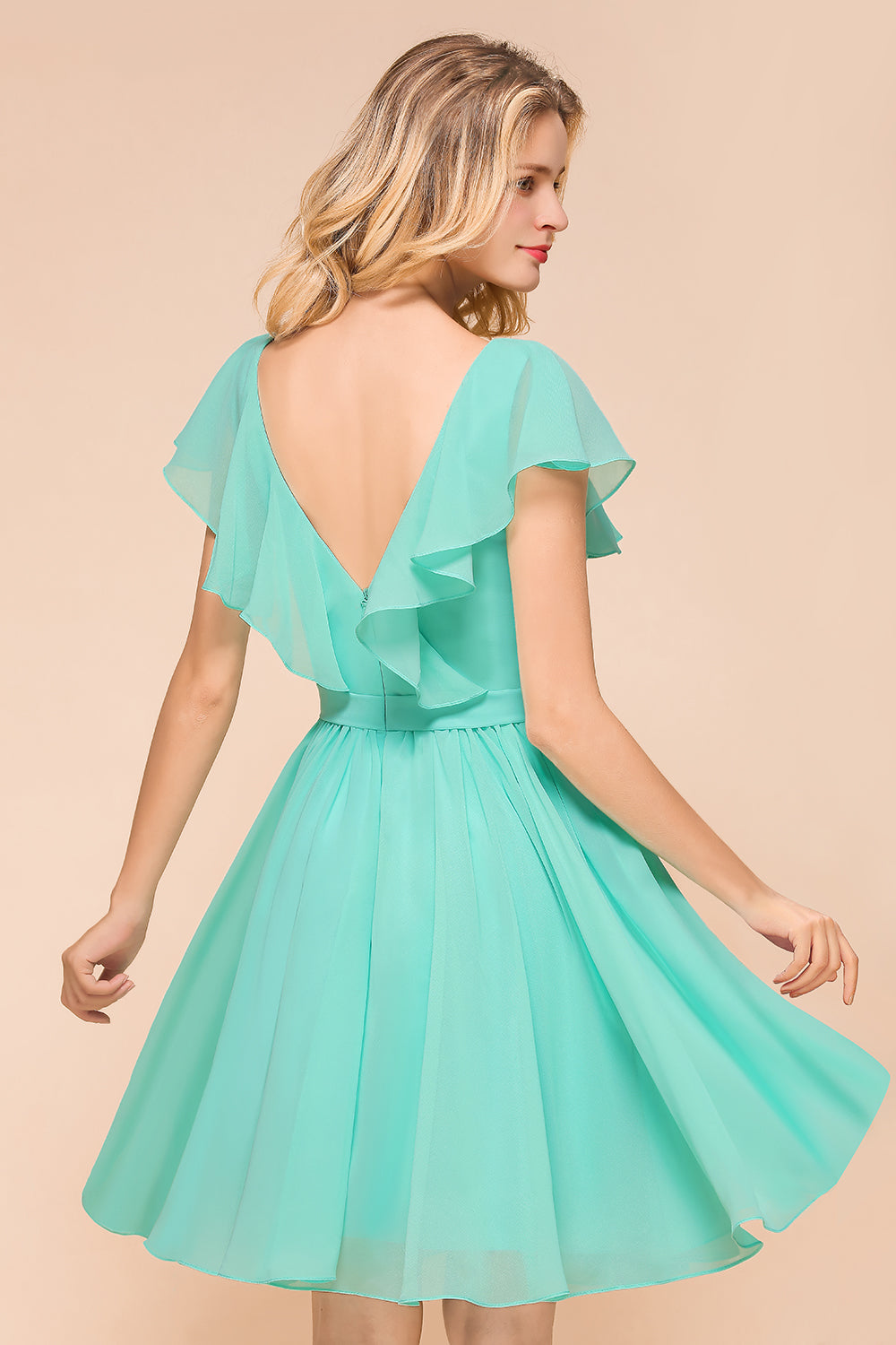Chic V-Neck Ruffle Chiffon Short Affordable Bridesmaid Dresses Online-Babyonlines
